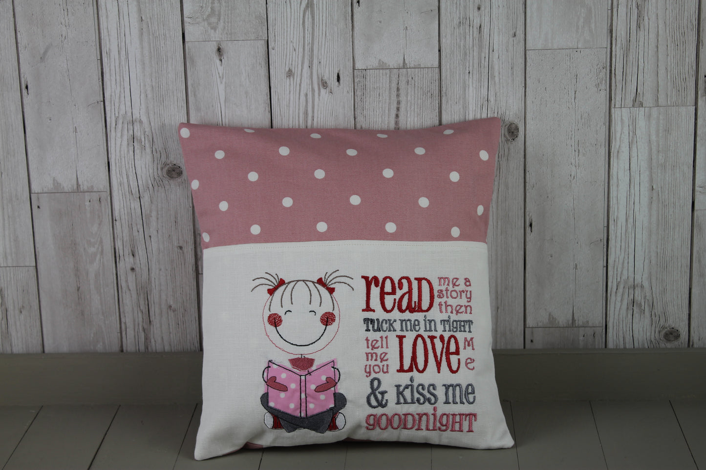 Cute Little Girl and Grey and Pink Dotty-Children's Reading Book Cushion. - Lizzie Dixon Designs