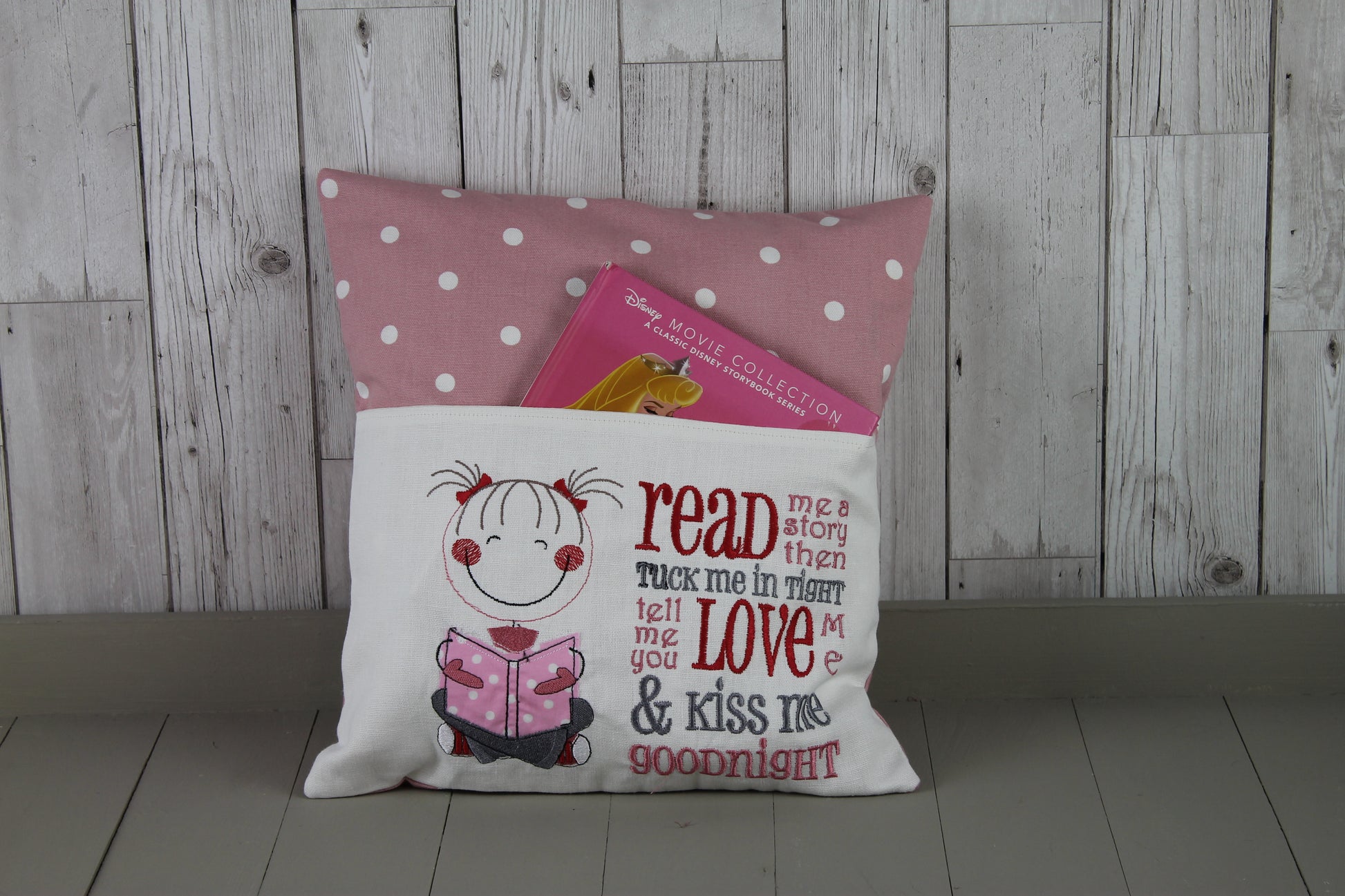 Cute Little Girl and Grey and Pink Dotty-Children's Reading Book Cushion. - Lizzie Dixon Designs