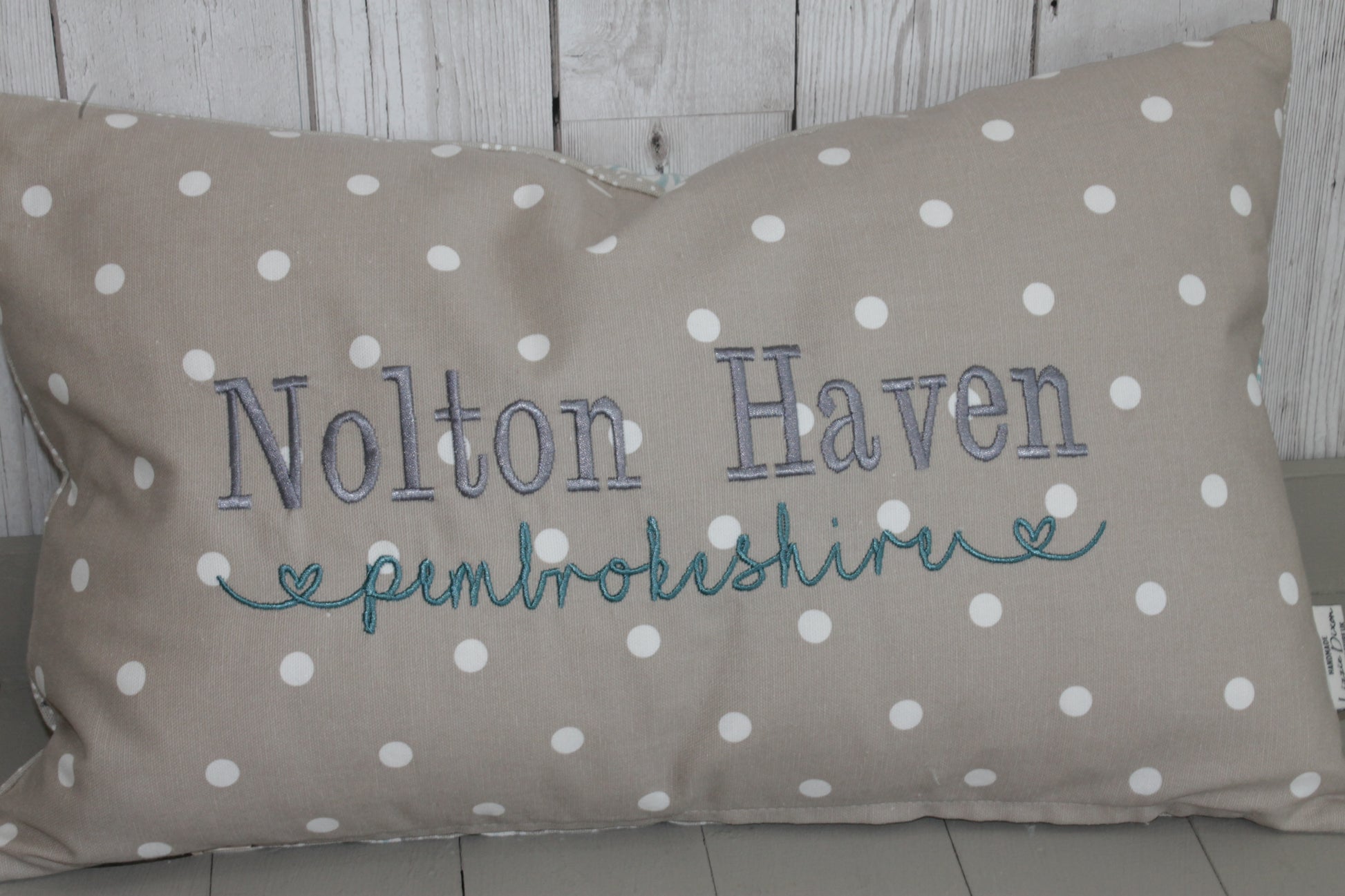 Location Cushion - Taupe Dotty and Shell-Lumbar Cushion - Lizzie Dixon Designs