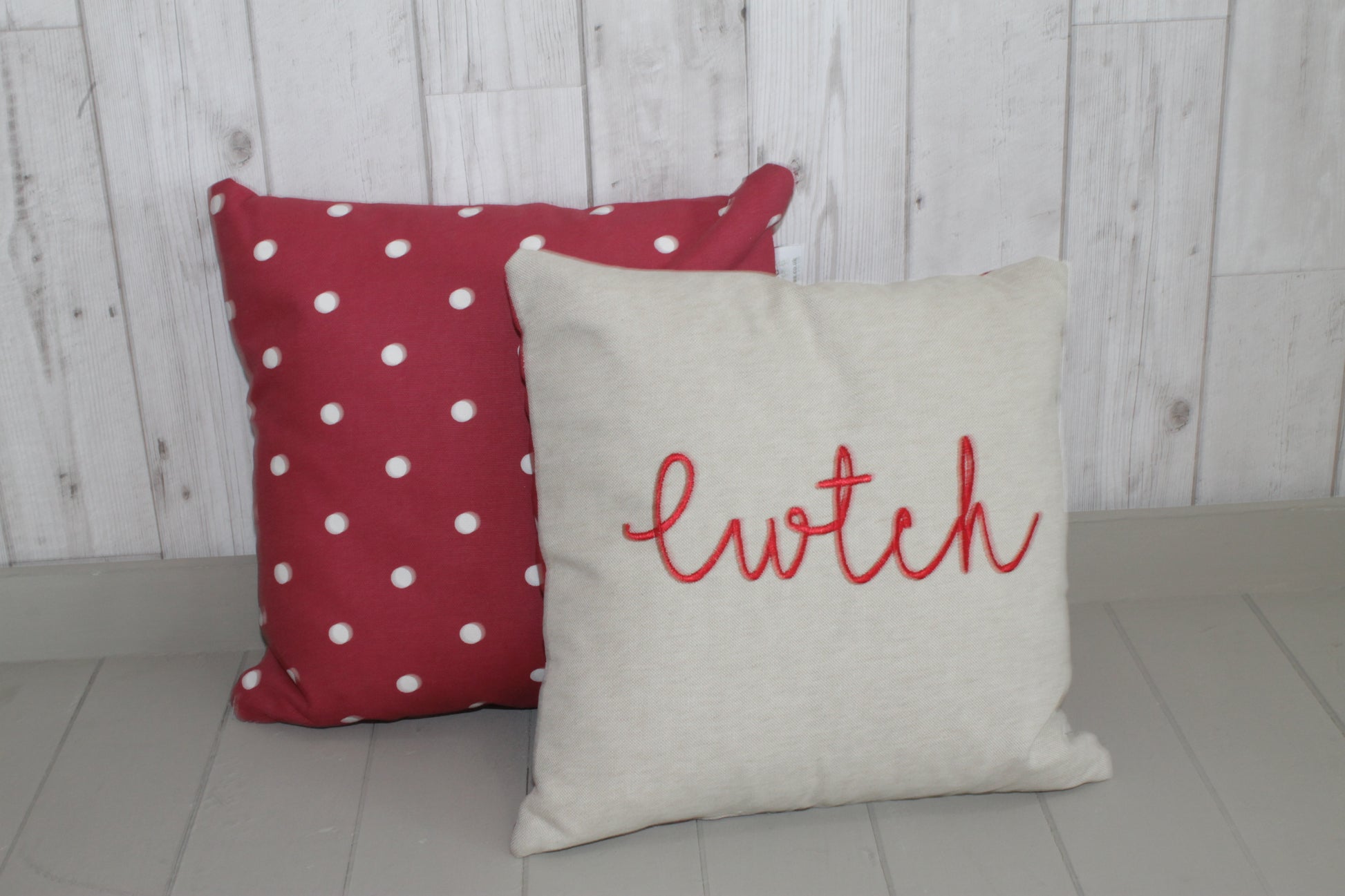 Cwtch Cushion- Taupe and Red Dotty- choice of sizes - Lizzie Dixon Designs