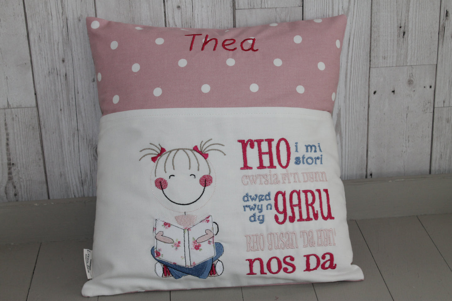 Cute Little Girl and Pink Dotty-Children's Reading Book Cushion Welsh saying - Lizzie Dixon Designs