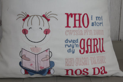 Cute Little Girl and Pink Dotty-Children's Reading Book Cushion Welsh saying - Lizzie Dixon Designs