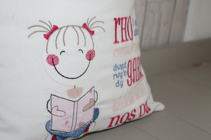 Cute Little Girl and Pink Dotty-Children's Reading Book Cushion Welsh saying - Lizzie Dixon Designs