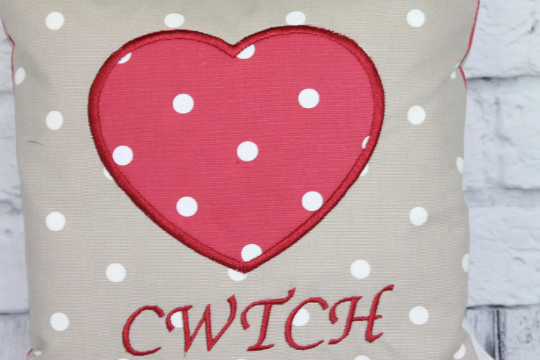Cwtch Heart Cushion- 16" Welsh Heart Cushion- Taupe and Red Dotty - Lizzie Dixon Designs