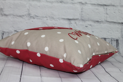 Cwtch Heart Cushion- 16" Welsh Heart Cushion- Taupe and Red Dotty - Lizzie Dixon Designs