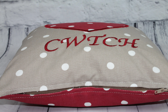 Cwtch Heart Cushion- 16" Welsh Heart Cushion- Taupe and Red Dotty - Lizzie Dixon Designs