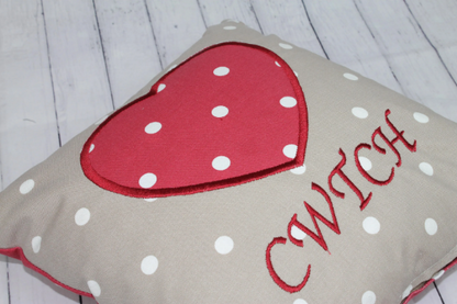 Cwtch Heart Cushion- 16" Welsh Heart Cushion- Taupe and Red Dotty - Lizzie Dixon Designs