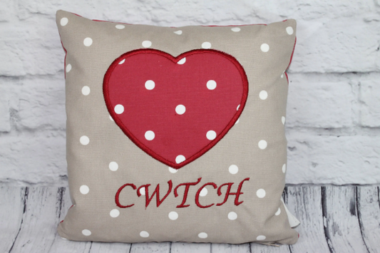 Cwtch Heart Cushion- 16" Welsh Heart Cushion- Taupe and Red Dotty - Lizzie Dixon Designs