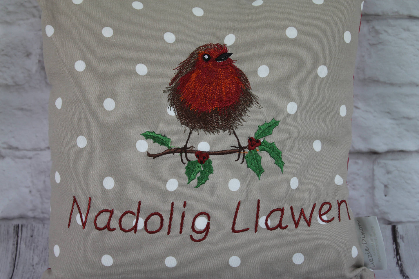 16" Christmas Robin Cushion - 16 "Nadolig Llawen Robin Welsh Christmas Cushion -decorative pillow with embroidered fluffy robin