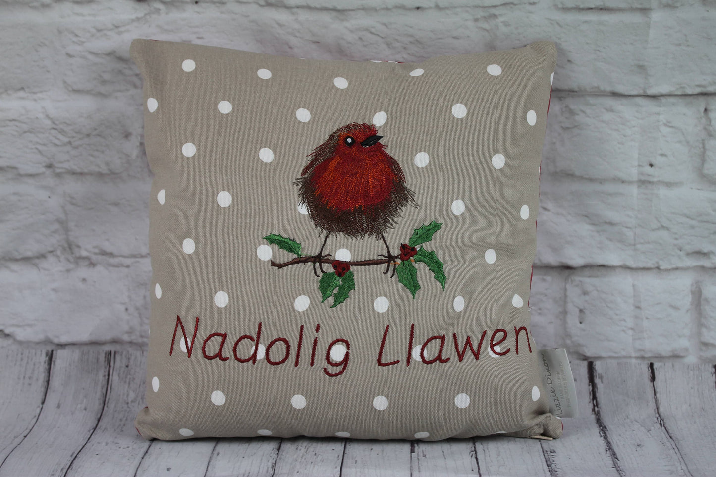 16" Christmas Robin Cushion - 16 "Nadolig Llawen Robin Welsh Christmas Cushion -decorative pillow with embroidered fluffy robin