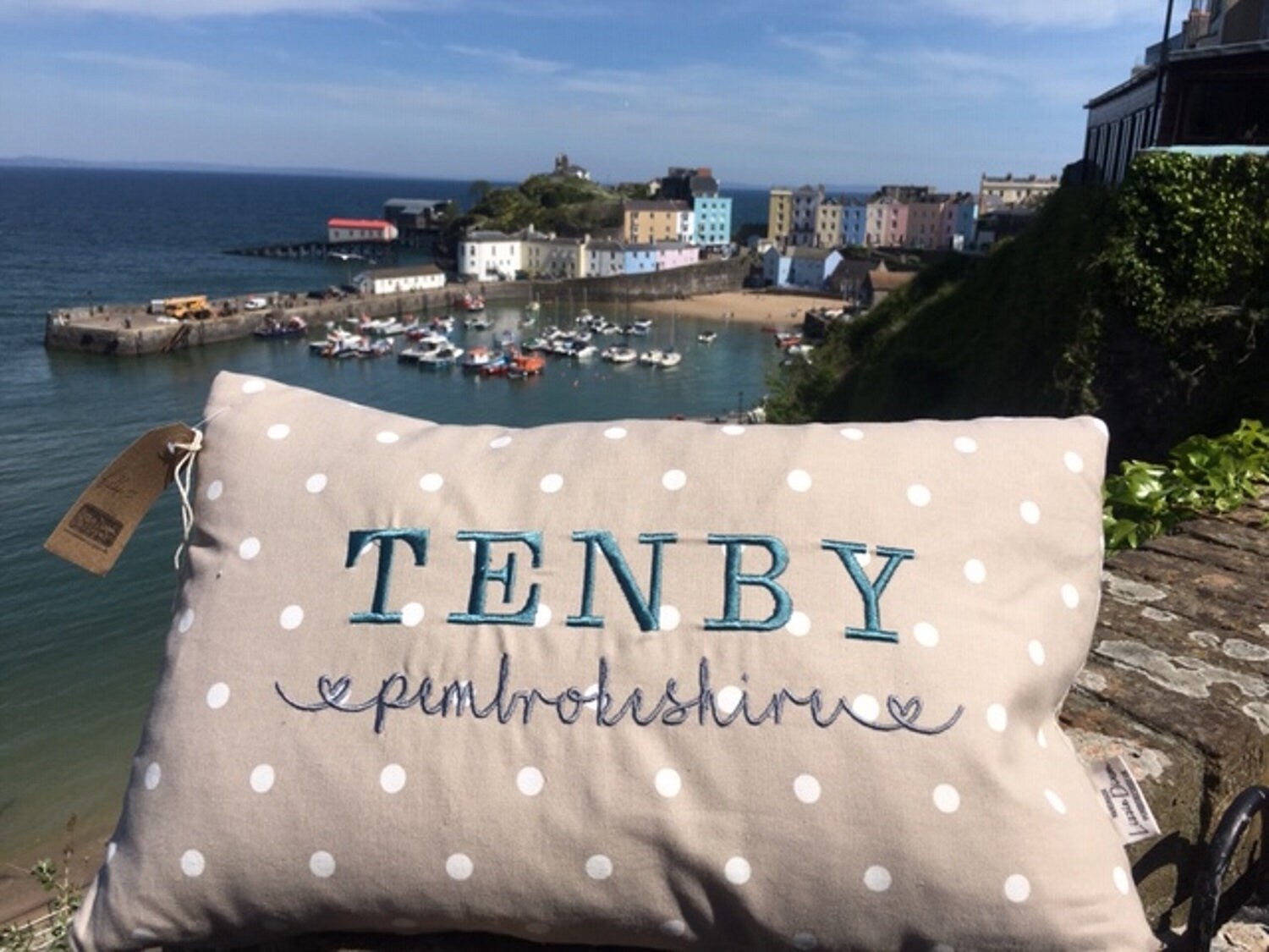 Tenby -Pembrokeshire- Location cushion 20" x 12" Cushion Cover Taupe Dotty and Sea Shell staycation -Nautical cover embroidered