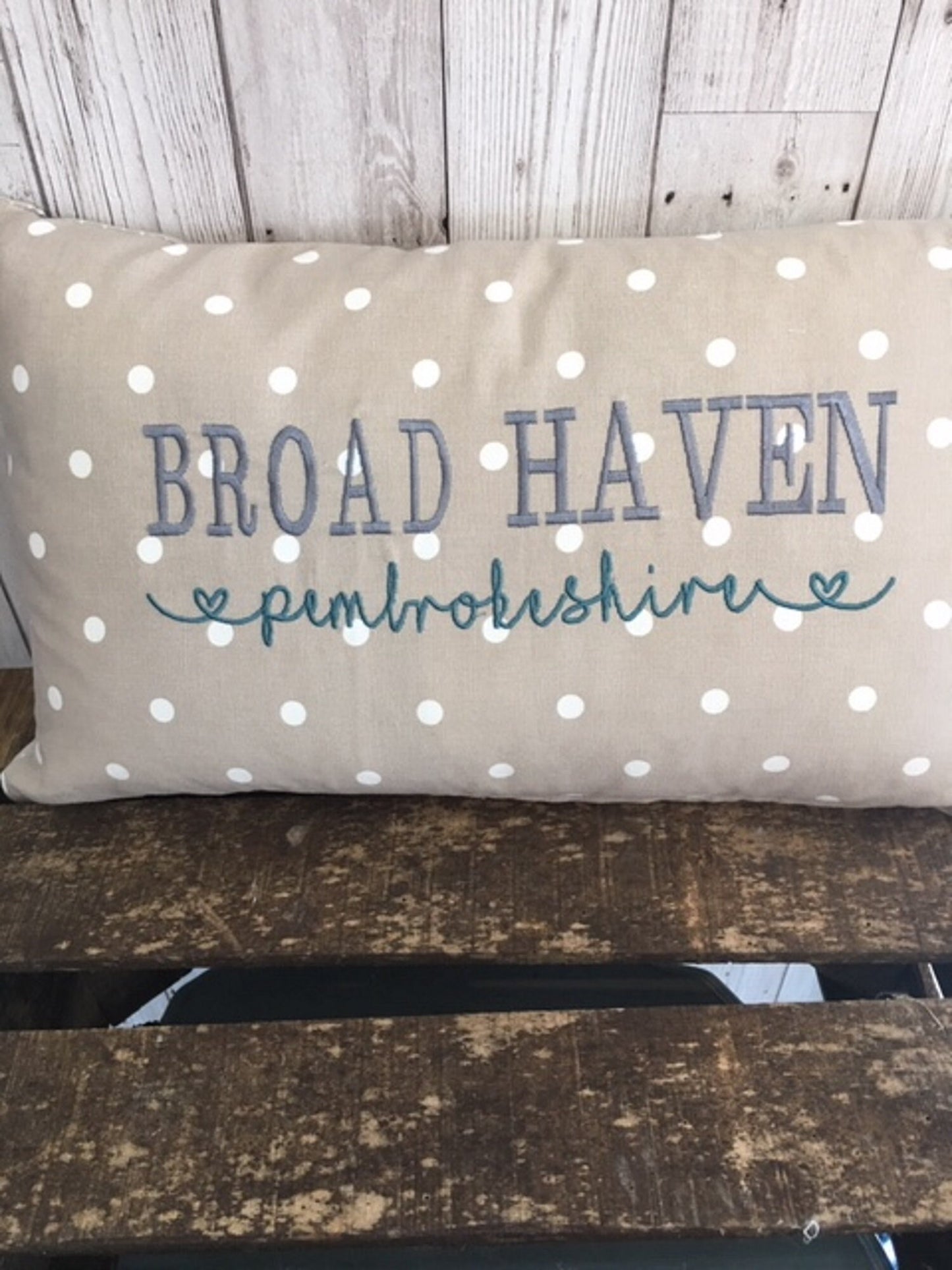 Tenby -Pembrokeshire- Location cushion 20" x 12" Cushion Cover Taupe Dotty and Sea Shell staycation -Nautical cover embroidered
