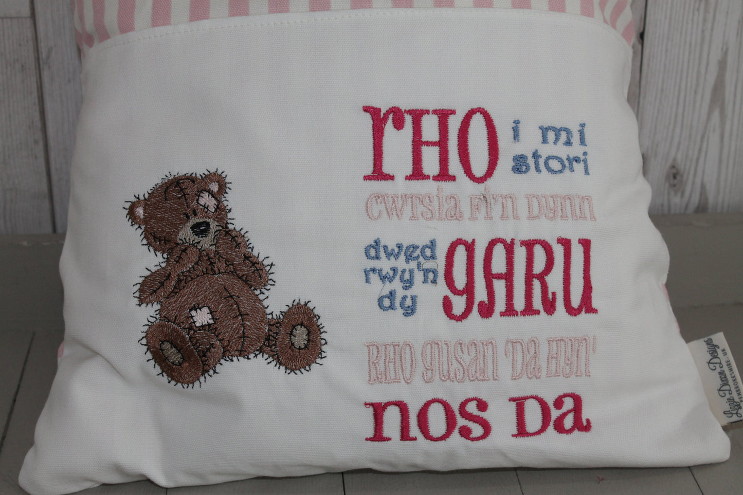Book Cushion-Children's Reading Pillow~Personalised Cushion with Pocket-Welsh Book Cushion - Pink Tatty Teddy-Welsh saying