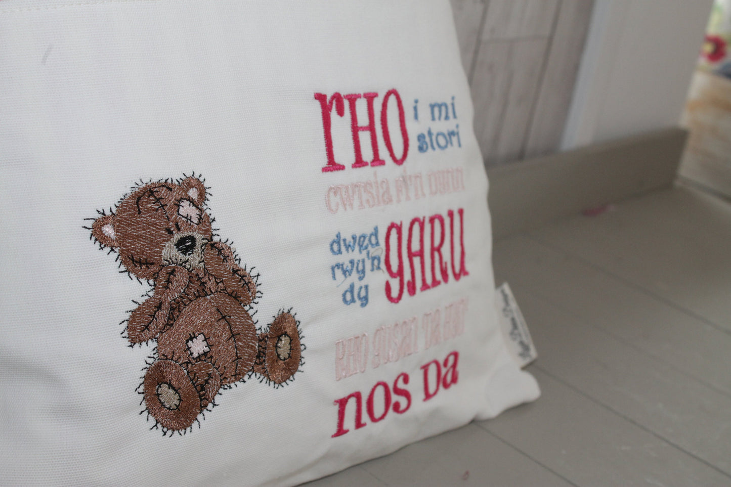 Book Cushion-Children's Reading Pillow~Personalised Cushion with Pocket-Welsh Book Cushion - Pink Tatty Teddy-Welsh saying