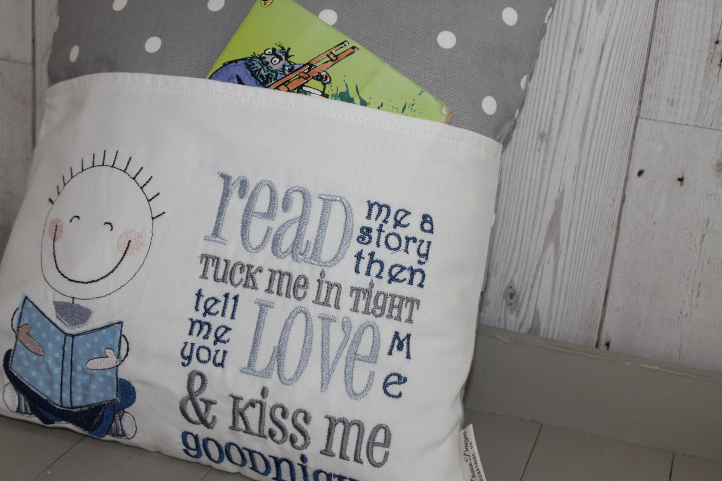 Book Cushion-Children's Reading Pillow~Personalised Cushion with Pocket-Cute little Boy reading Pillow~Book Lovers Gift~Travel Pillow-