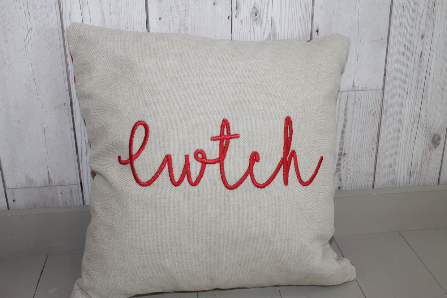 Cwtch Cushion, Taupe and Red . 14" Square Pillow Welsh Cwtch Pillow,Cuddle Cushion, Handmade Welsh Gift, COVER ONLY