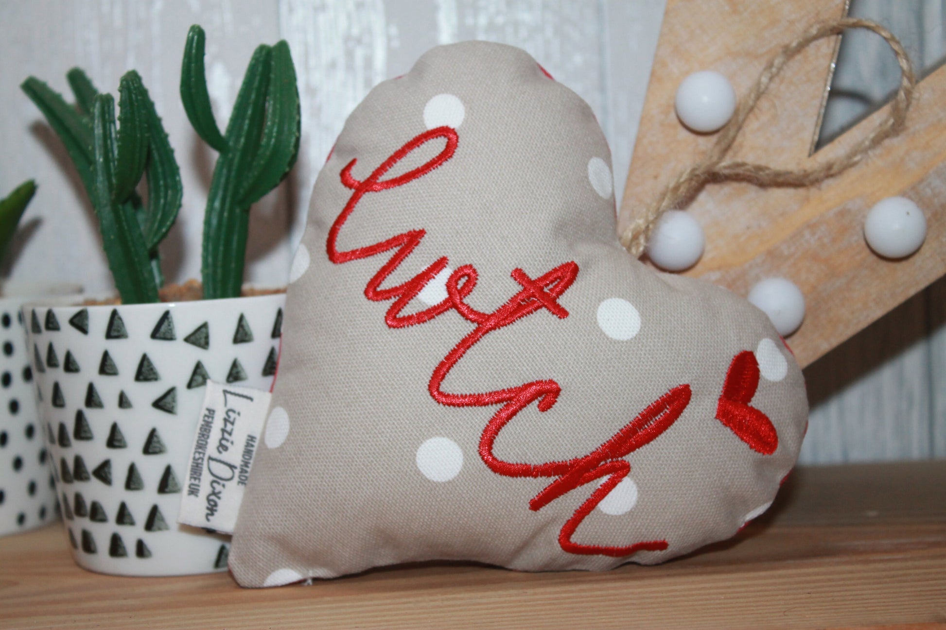 Cwtch Hanging Heart Taupe and Red Hanging heart-Lavender hanging heart- Cwtch Red and Taupe Dotty fabric Hanging Heart