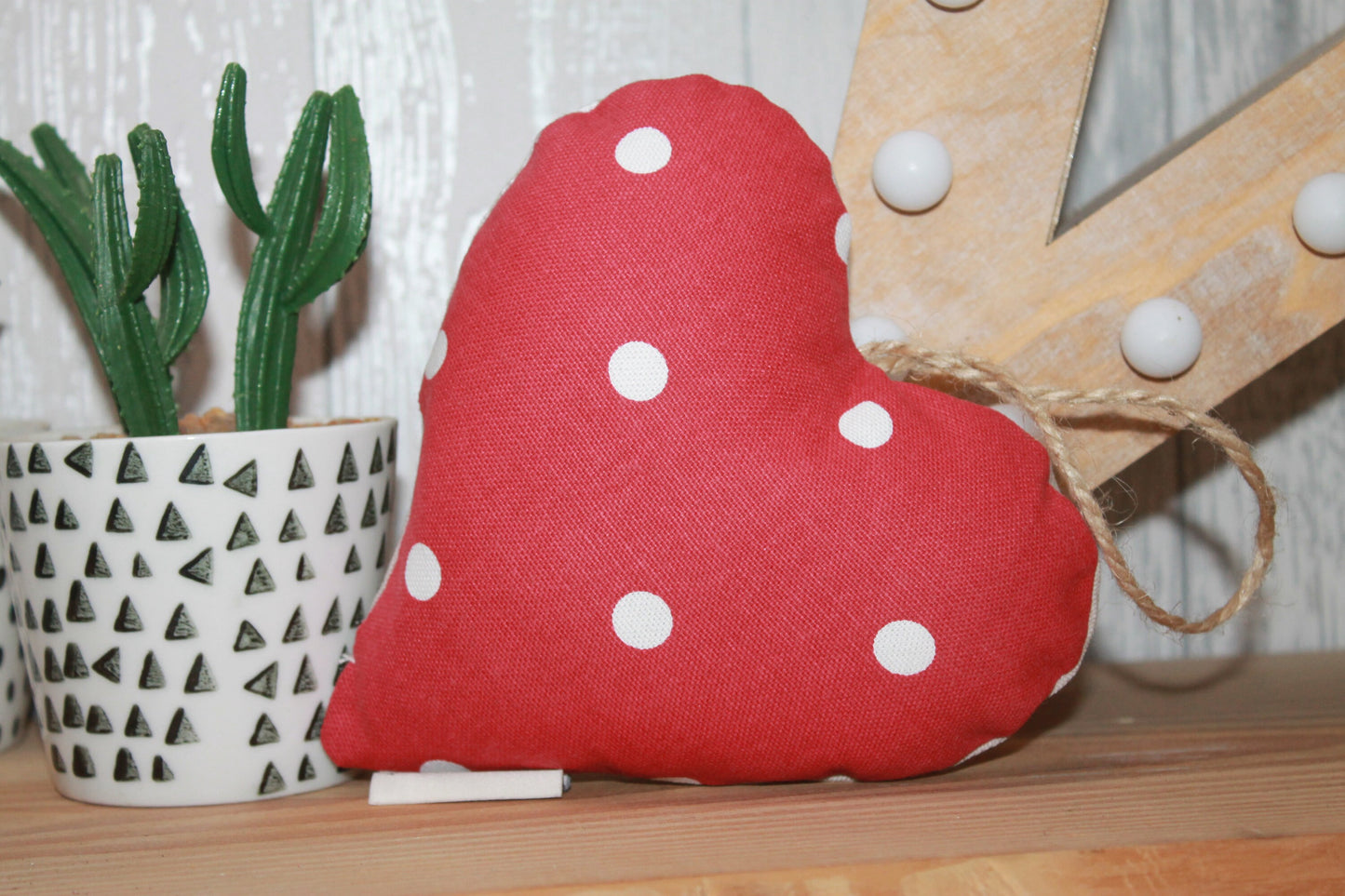 Cwtch Hanging Heart Taupe and Red Hanging heart-Lavender hanging heart- Cwtch Red and Taupe Dotty fabric Hanging Heart