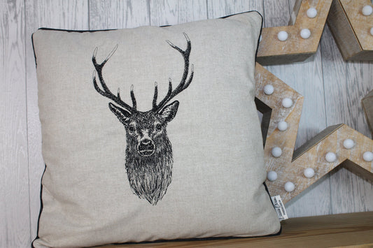 Stags Head- 16” Cushion, Cream, Taupe Cushion, Stag Cushion, Cushion Cover, Piped Cushion British Wildlife collection.