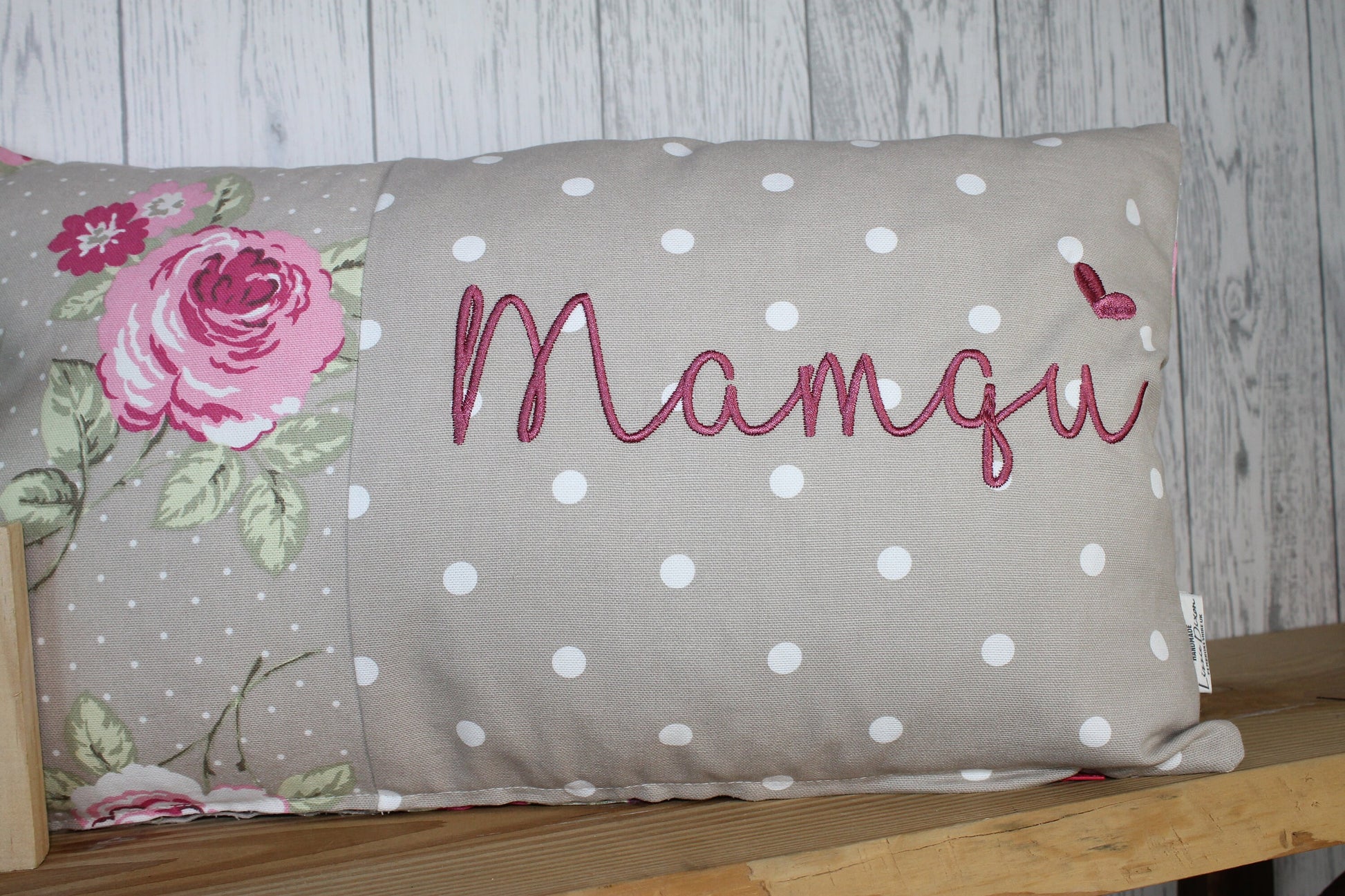 Mother's Day Gift, Nana Personalised Cushion, Gift for Mum. Gift for Mamgu, Grandma-Personalised Mothers Gift -Taupe Dotty and pretty Floral