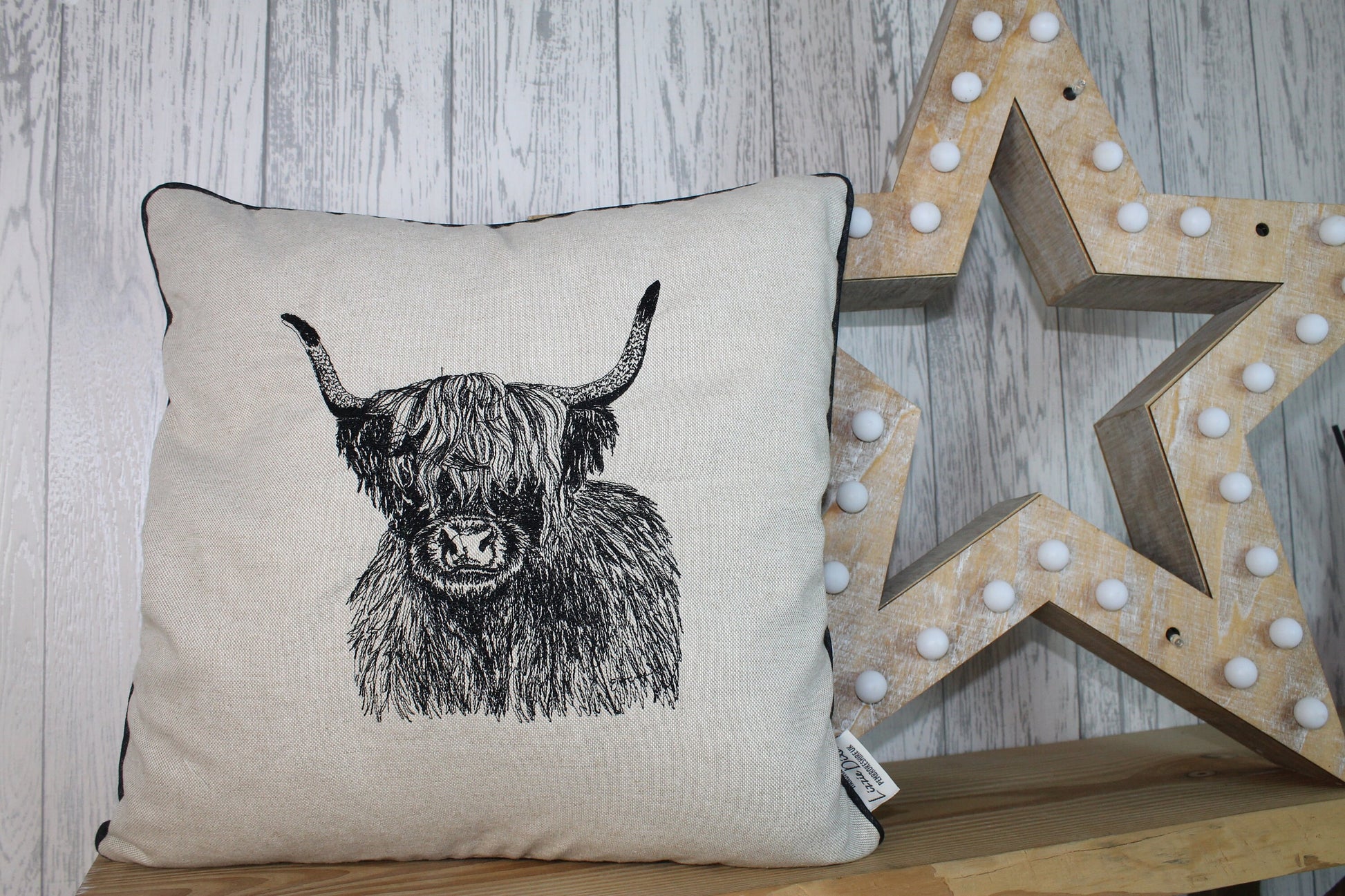 Highland Cow 16” Cushion, Cream Taupe Cushion. Cushion Cover, Piped Cushion British Wildlife collection.