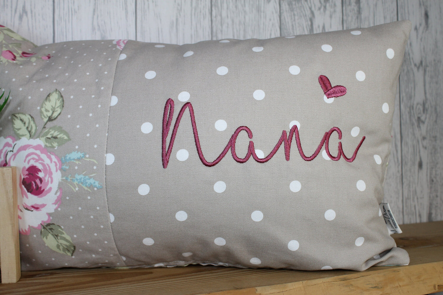 Mother's Day Gift, Nana Personalised Cushion, Gift for Mum. Gift for Mamgu, Grandma-Personalised Mothers Gift -Taupe Dotty and pretty Floral