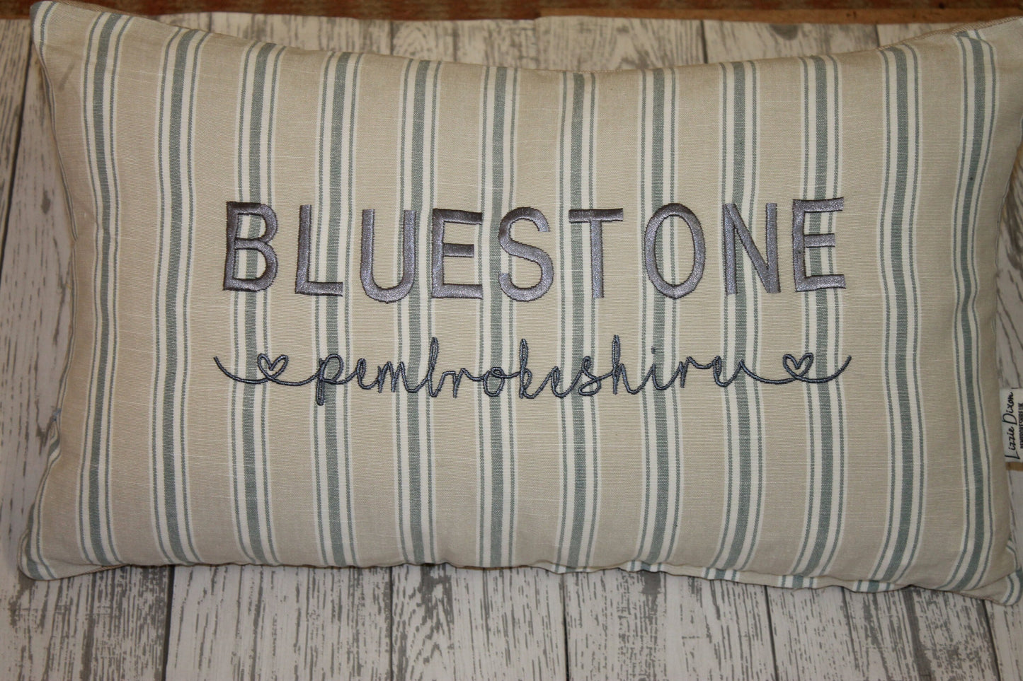 Newquay Cornwall- Fishguard -Pembrokeshire Location Cushions,Nautical themed personalised beach holiday cushion- Neutral Stripe