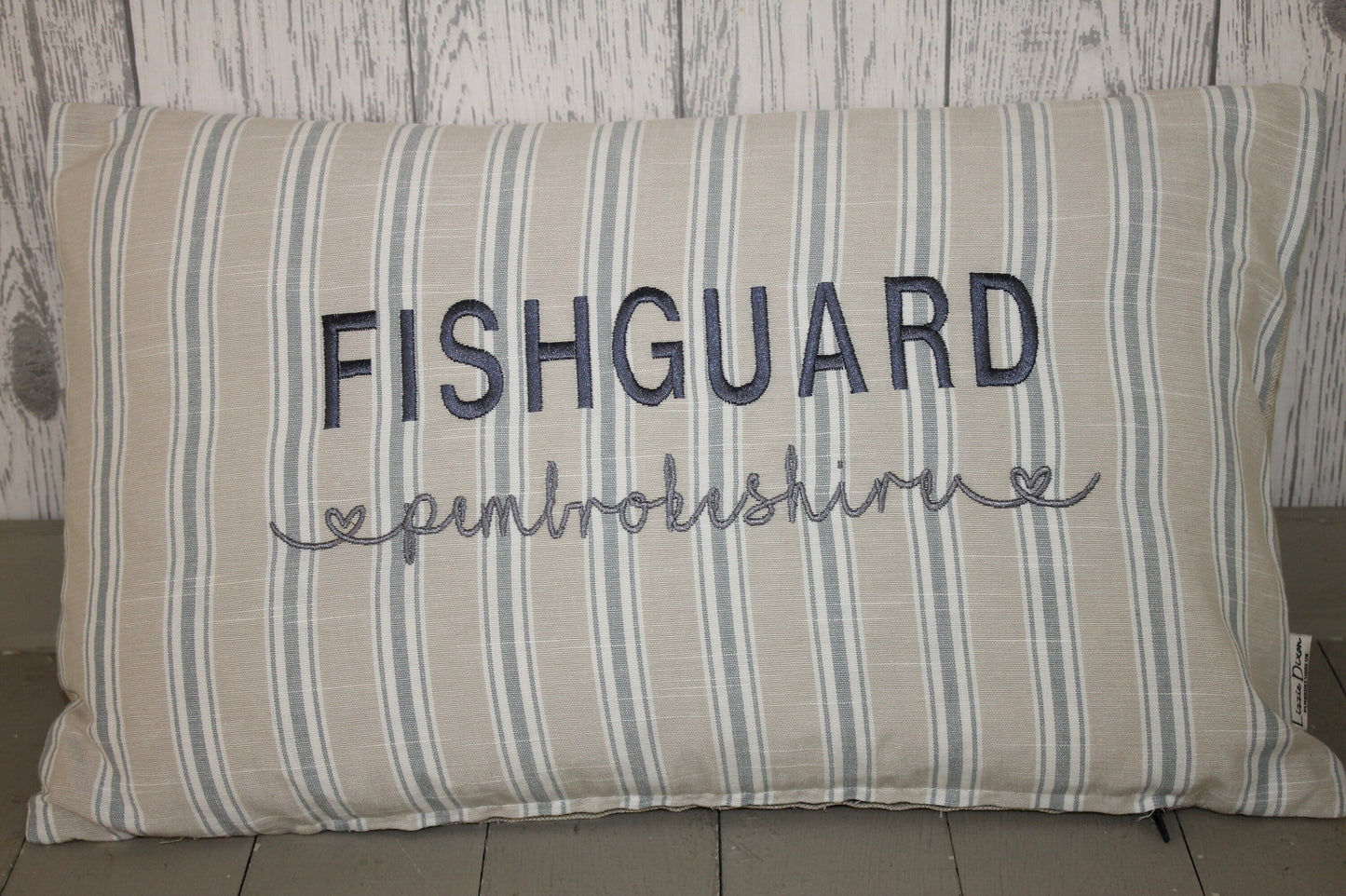 Newquay Cornwall- Fishguard -Pembrokeshire Location Cushions,Nautical themed personalised beach holiday cushion- Neutral Stripe