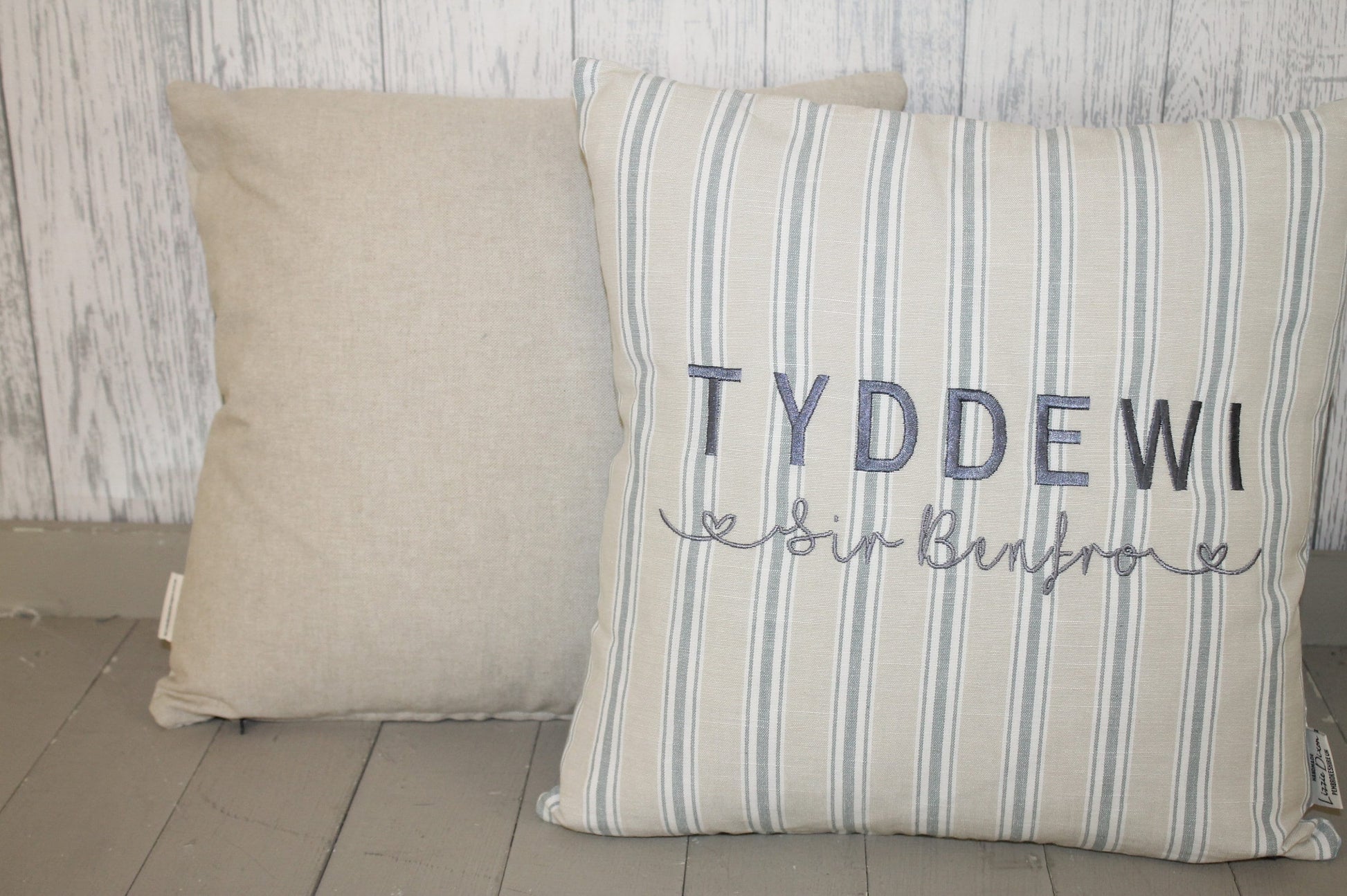 Location Cushions, Staycation Cushion,16" Nautical themed personalised beach holiday cushion- Blue and Taupe Ticking front ,Taupe back,