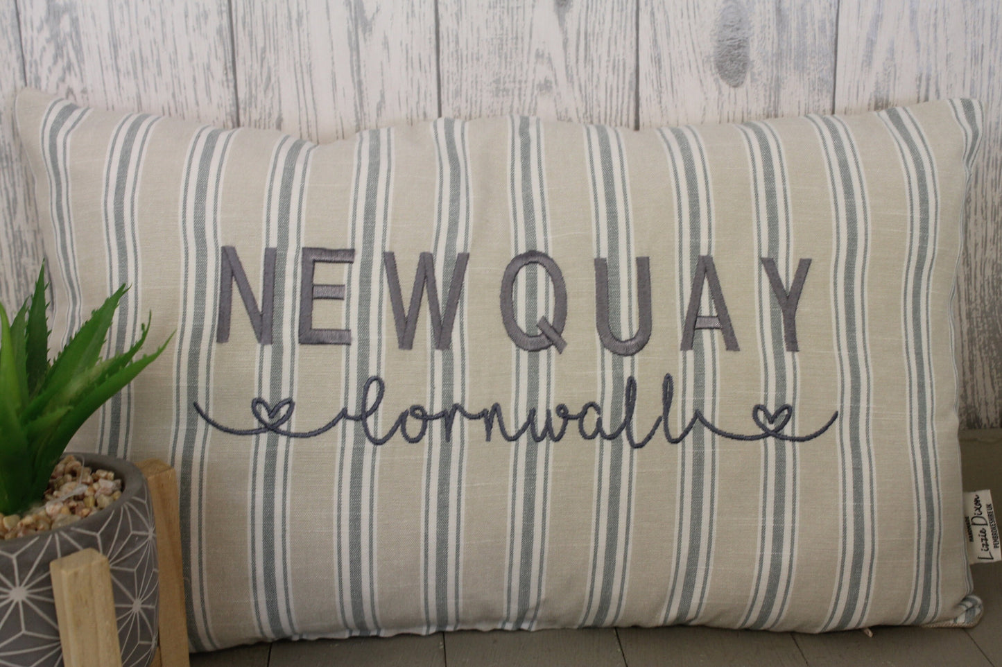 Newquay Cornwall- Fishguard -Pembrokeshire Location Cushions,Nautical themed personalised beach holiday cushion- Neutral Stripe