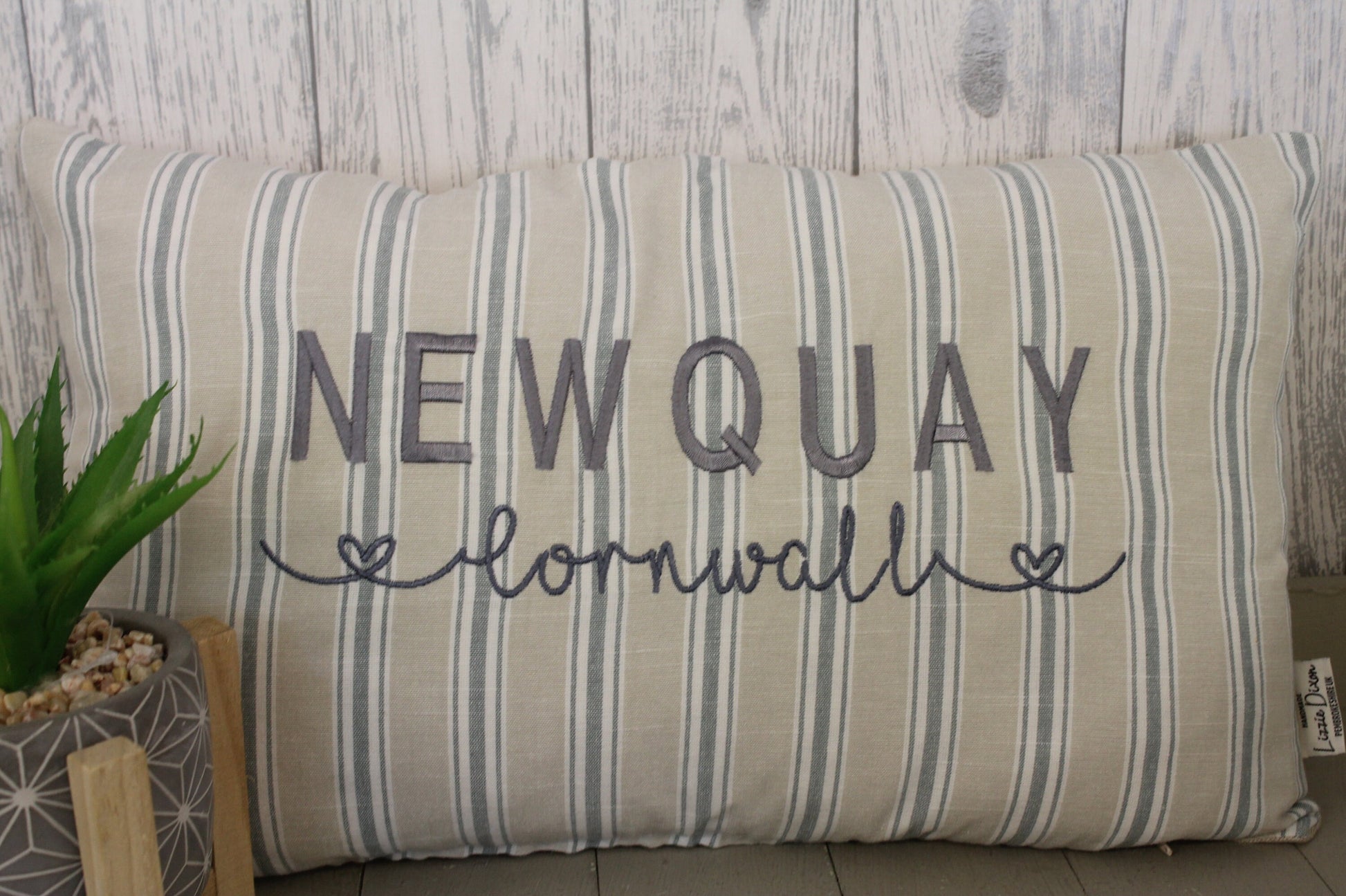Newquay Cornwall- Fishguard -Pembrokeshire Location Cushions,Nautical themed personalised beach holiday cushion- Neutral Stripe