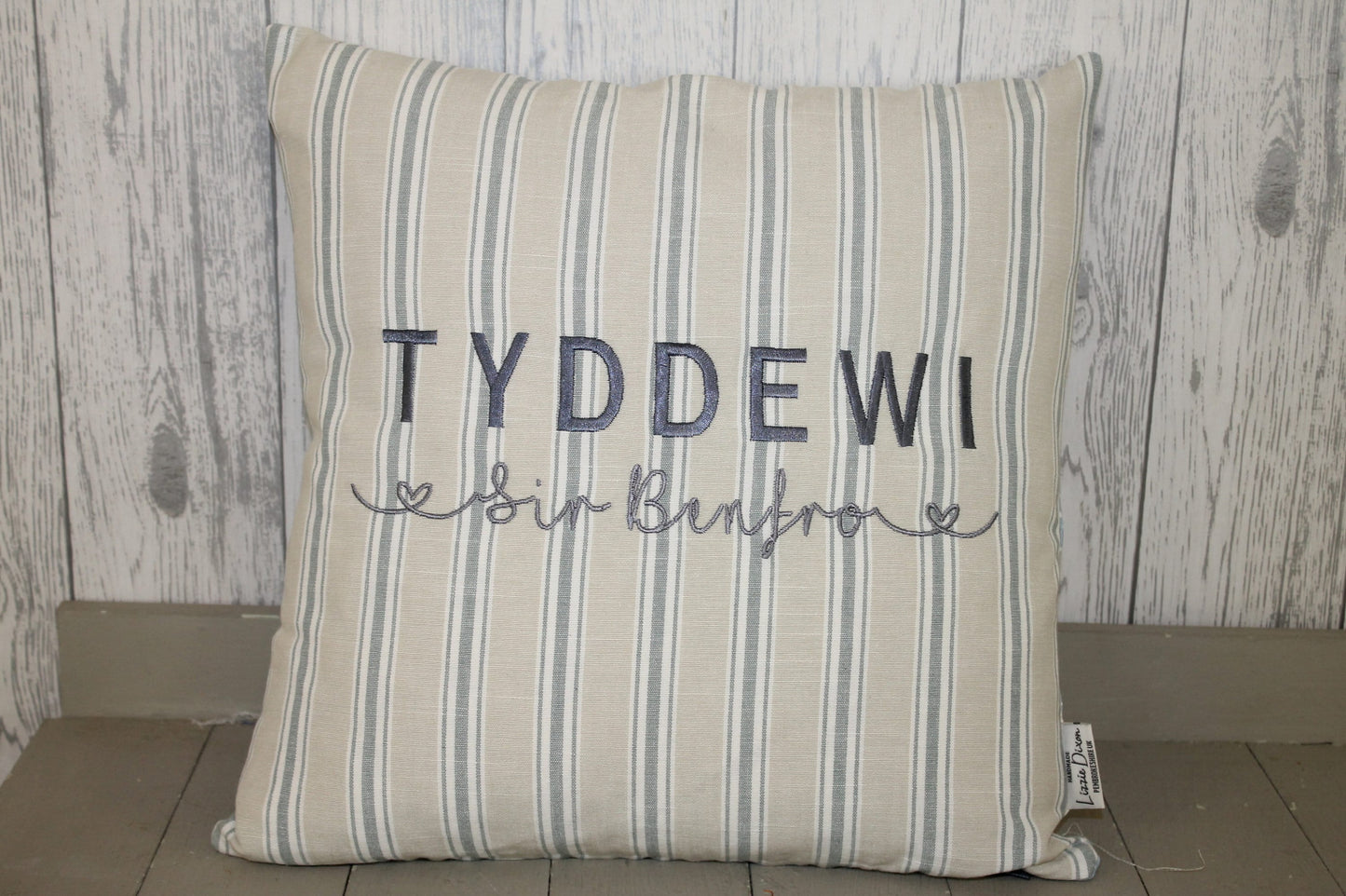 Location Cushions, Staycation Cushion,16" Nautical themed personalised beach holiday cushion- Blue and Taupe Ticking front ,Taupe back,