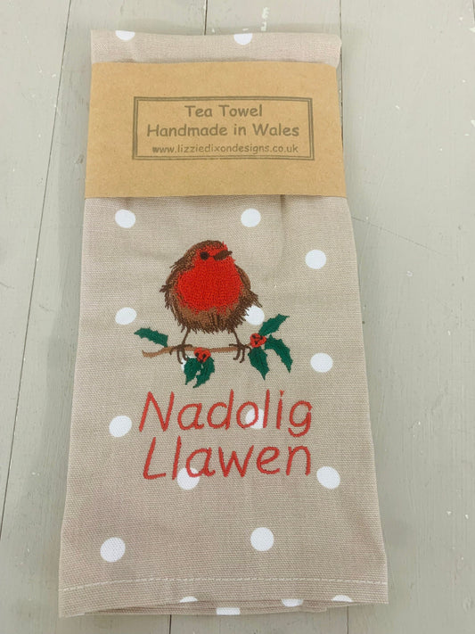 Handmade Tea Towel- Festive Robin Tea Towel- Robin embroidered tea towel- Nadolig Llawen Tea Towel