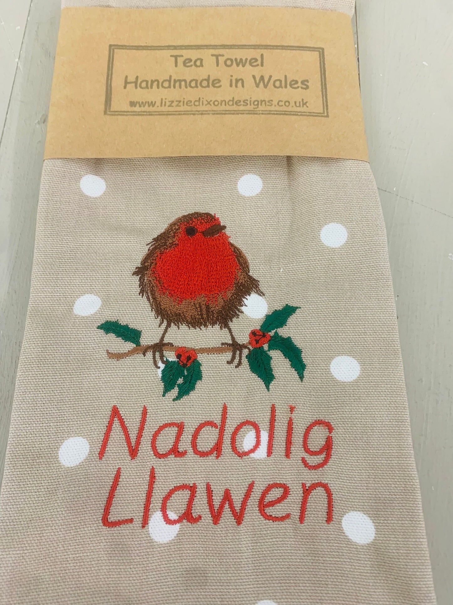 Handmade Tea Towel- Festive Robin Tea Towel- Robin embroidered tea towel- Nadolig Llawen Tea Towel
