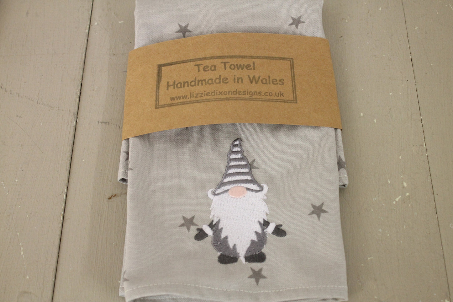 Handmade Tea Towel- Festive Tea Towel-Grey Gnome embroidered tea towel- Grey Stars Tea Towel