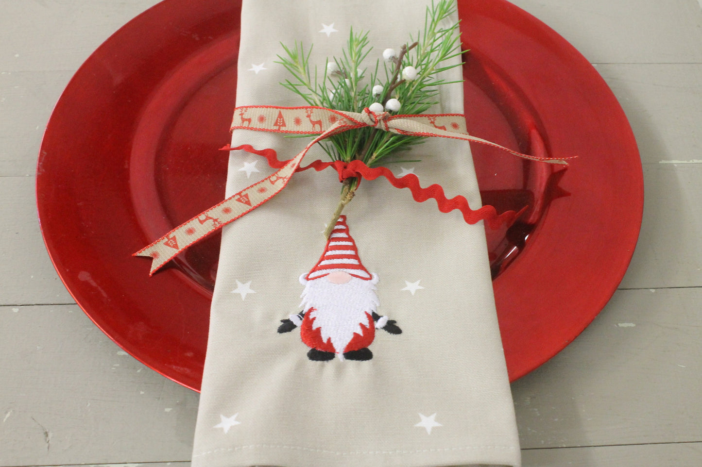 Christmas Napkins - Festive table- Christmas Gnome Napkins -Handmade Christmas Gnome Napkins - Taupe Star Red Gnome Fabric Napkins