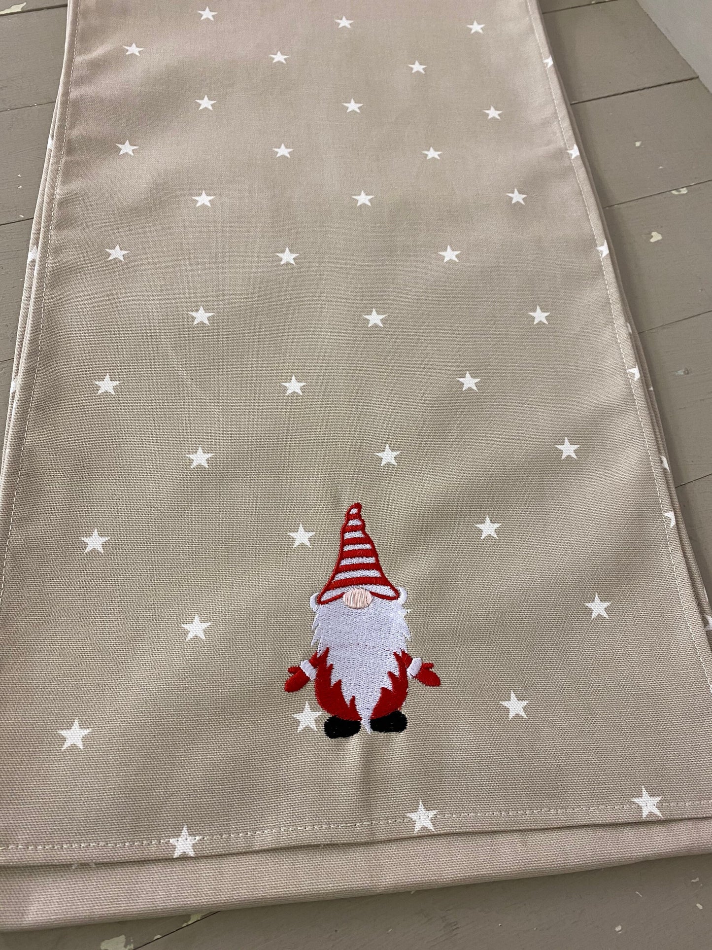 Christmas Gnome Table Runner -Festive Table -Christmas Gnome Fabric Table Runner -Taupe Star and Red Gnome-Handmade table runner