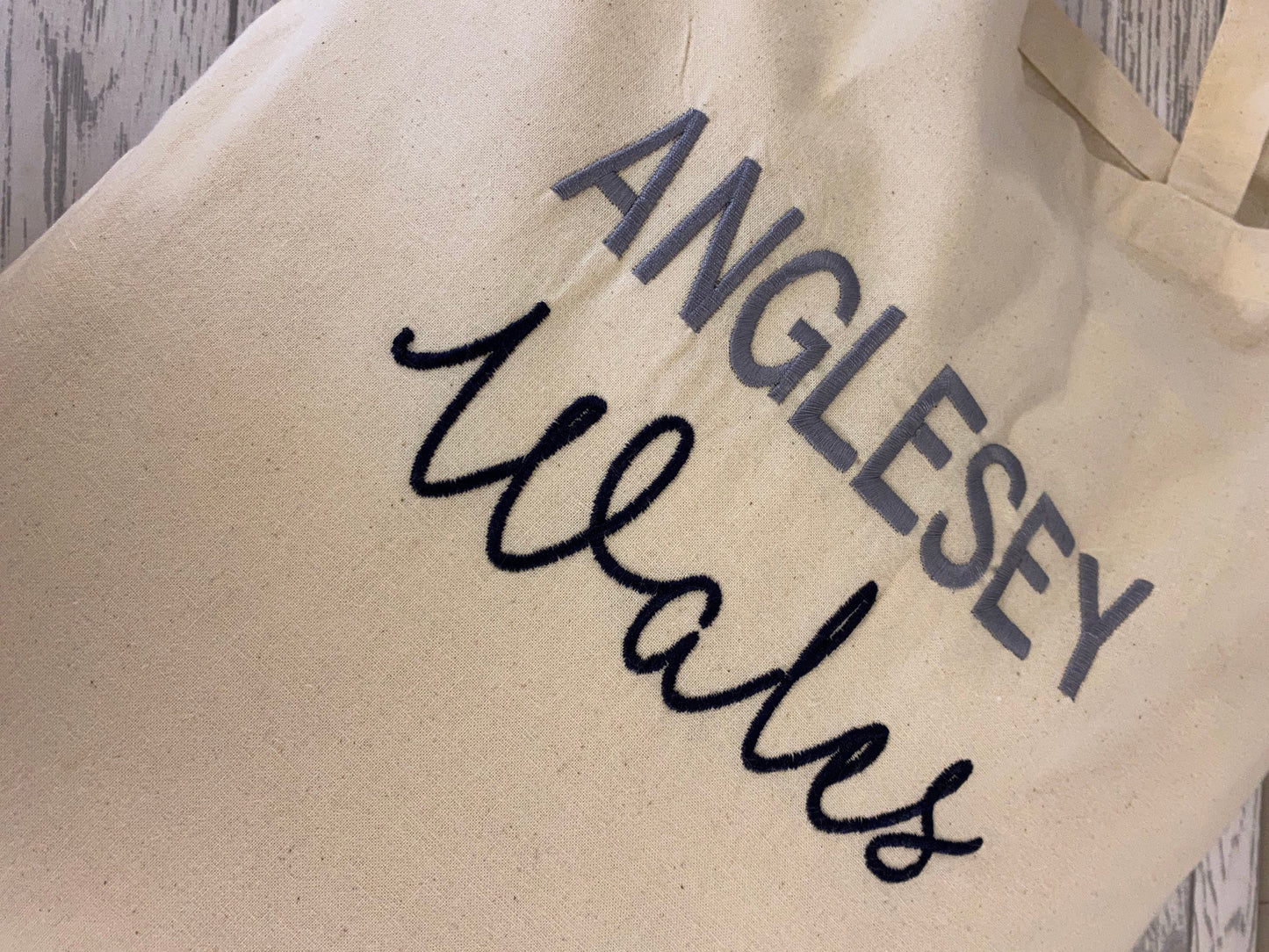 Lovely lightweight tote bag with embroidered text Anglesey Wales
