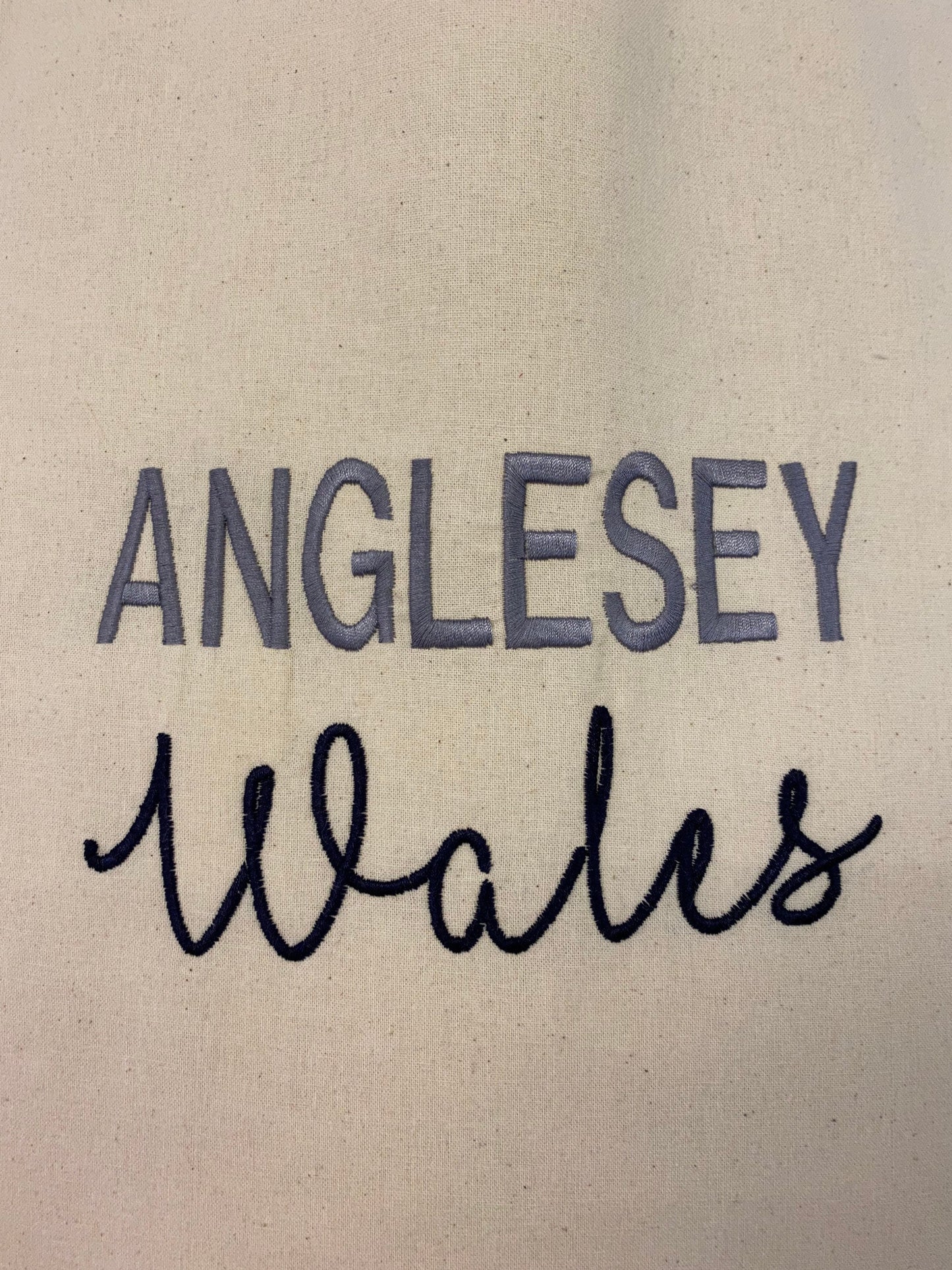 Lovely lightweight tote bag with embroidered text Anglesey Wales