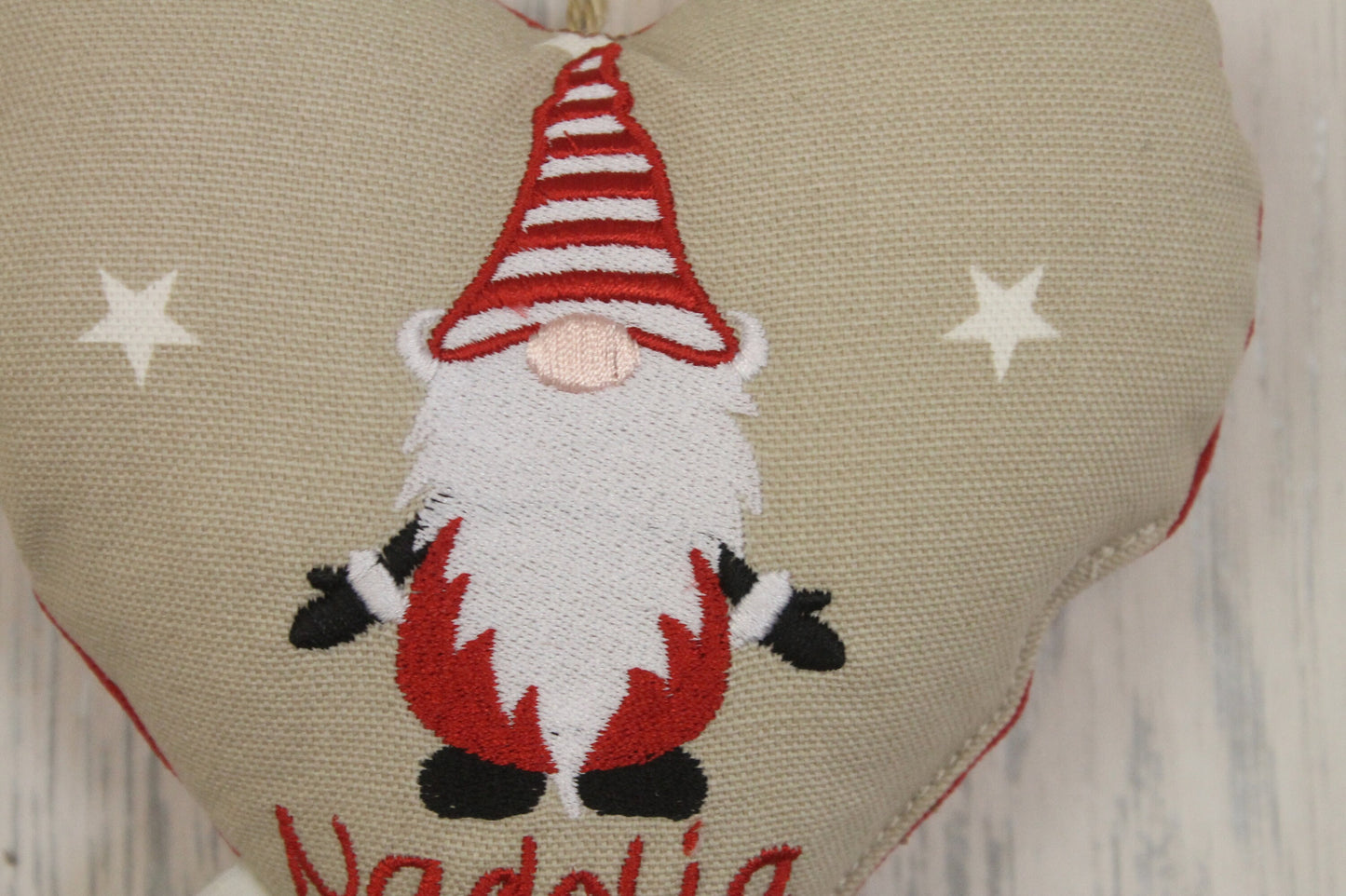 Taupe Star and Red Gnome Hanging Heart- Welsh Festive Gnome Nadolig Llawen -Merry Christmas decorative Hanging Ornament