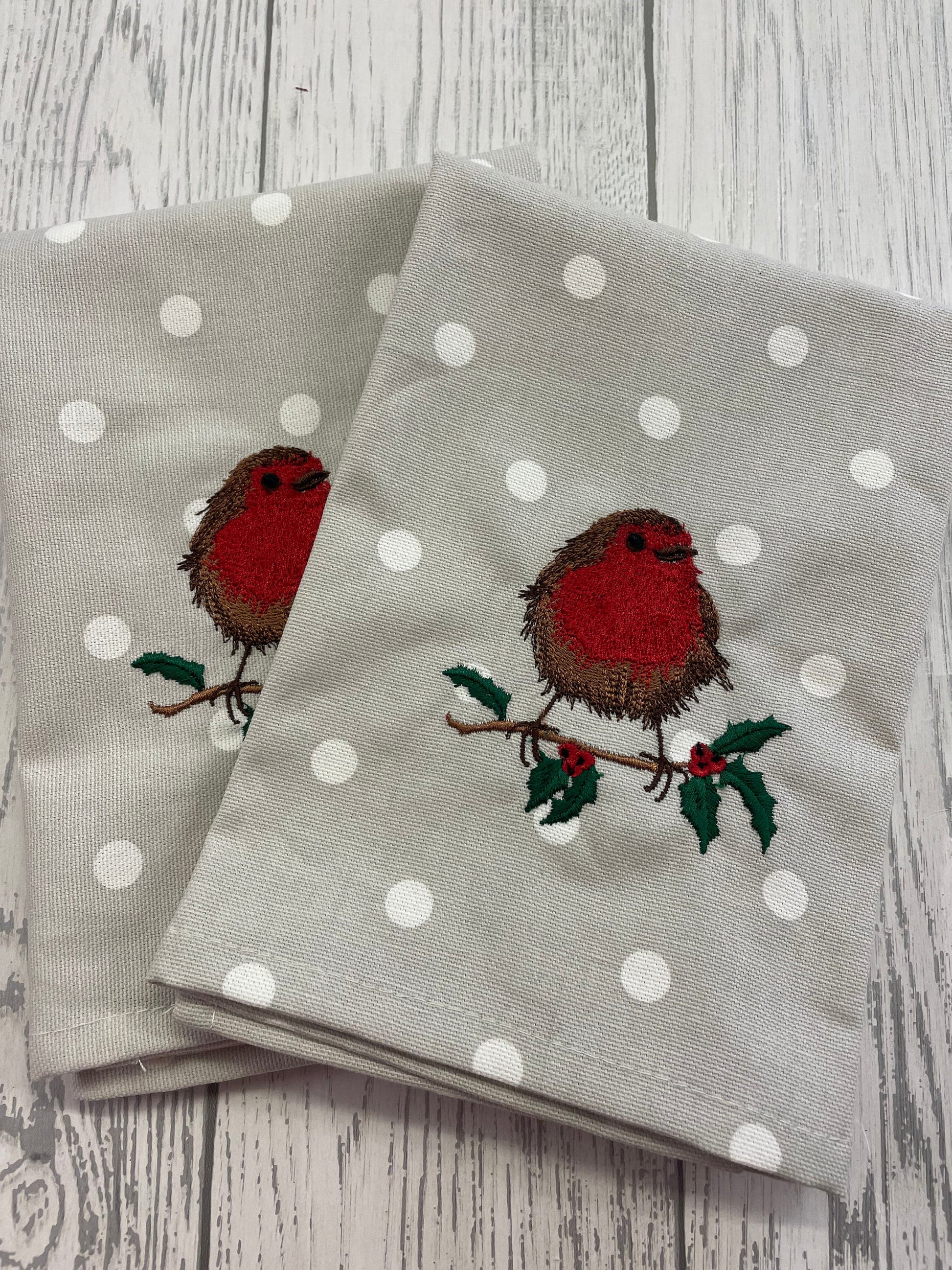 Festive Robin Christmas Napkins- Christmas fabric Grey Dotty Fabric napkin.