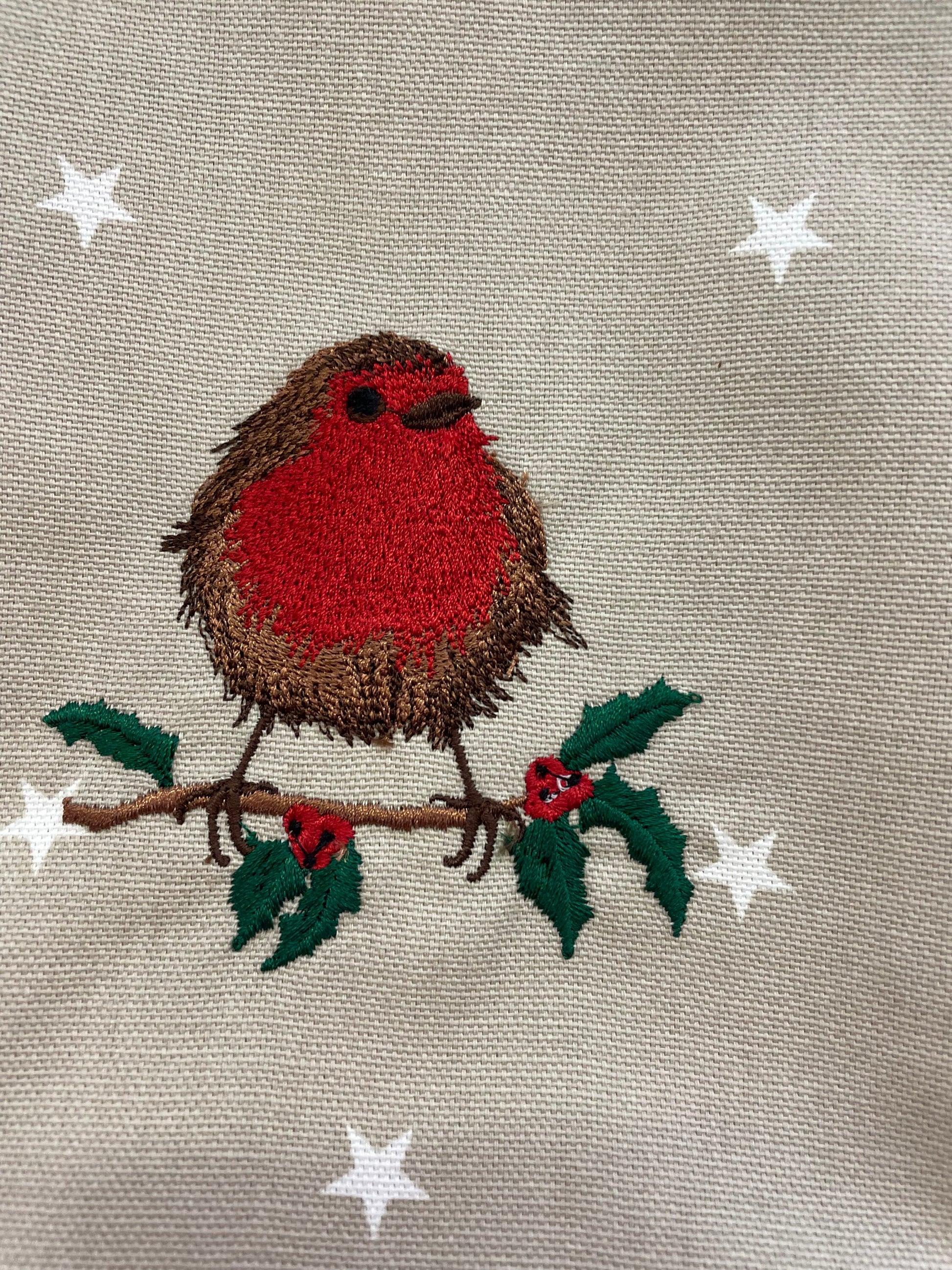 Festive Robin Christmas Napkins- Christmas fabric Taupe Star Fabric napkin.