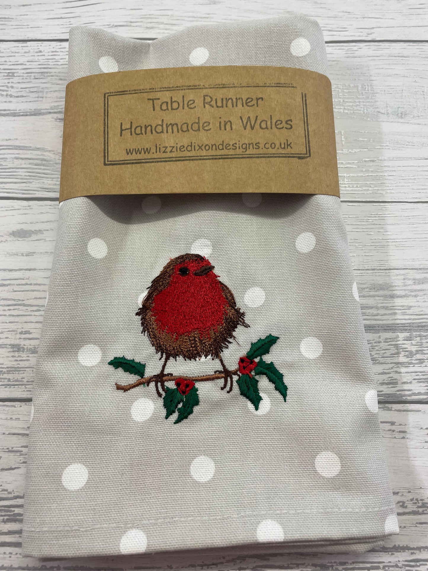 Christmas Robin Table Runner- Festive table- Christmas grey dotty table runner-Handmade table runner-
