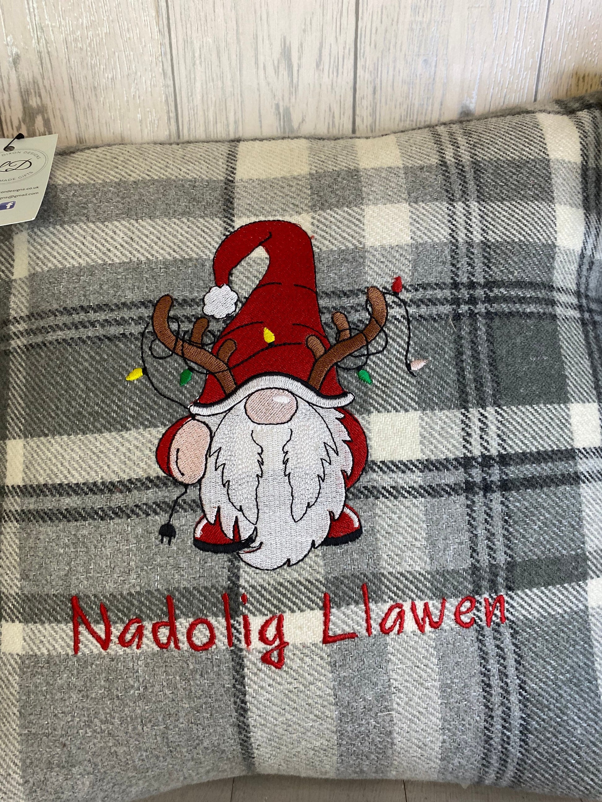 Festive gnome cushion red embroidered gnome with Rudolph antlers and fairy lights