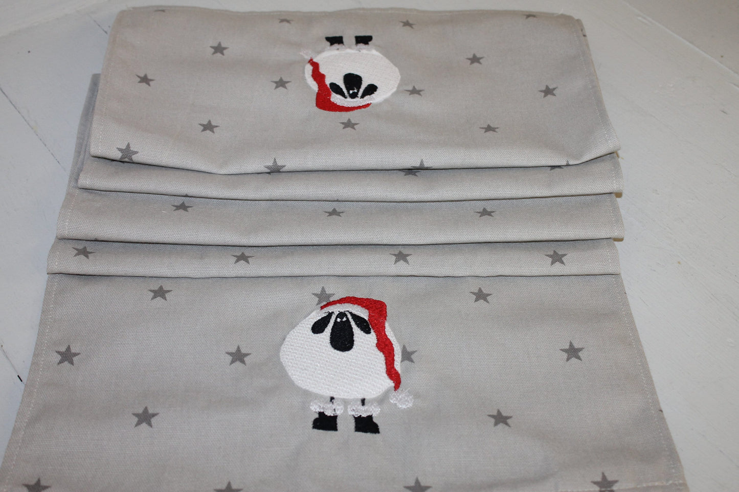 Embroidered Christmas Table runner- Sheep wearing Santa Hat and Grey Star Christmas table runner