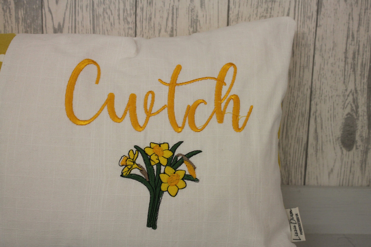 Cwtch Spring Daffodil Cushion- Spring Cushion -Mustard Dotty Panel Long Cushion- Daffodil Cushion- Cwtch Cushion- Welsh Cushion