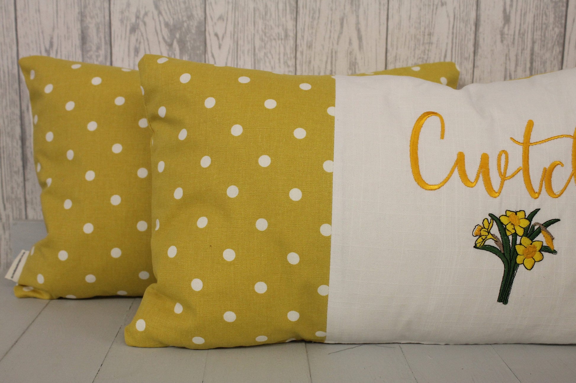 Cwtch Spring Daffodil Cushion- Spring Cushion -Mustard Dotty Panel Long Cushion- Daffodil Cushion- Cwtch Cushion- Welsh Cushion