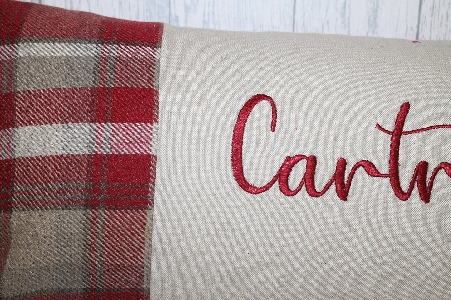 Cartref Cushion-Personalised Cushion- Quote Cushion- Red Check Wool touch and Cream long cushion. Personalised cushion- Handmade cushion