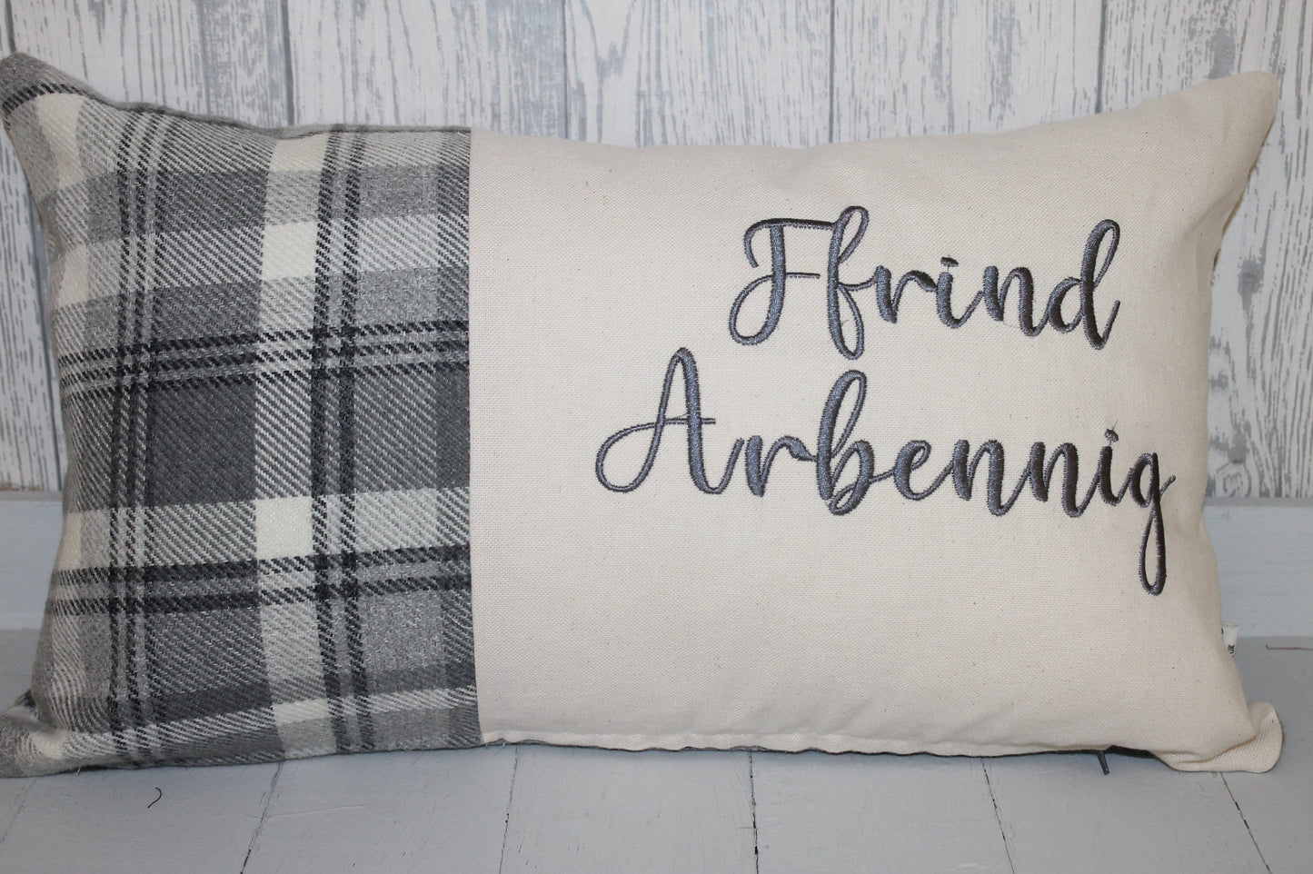 Ffrind Arbennig Cushion-Personalised Cushion- Quote Cushion- Grey Check Wool touch & Cream long cushion.