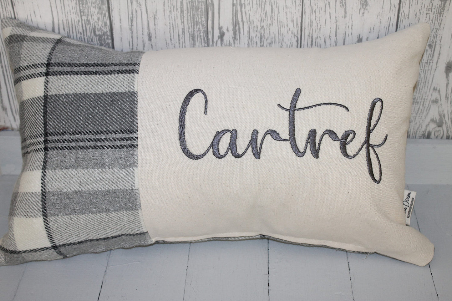 Cartref Cushion-Personalised Cushion- Quote Cushion- Grey Check Wool touch and Cream long cushion. Personalised cushion- Handmade cushion